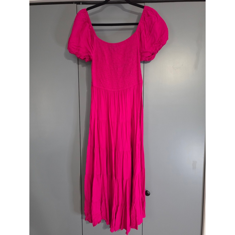 Excellent ZESICA Maxi Dress S Pink Smocked Puff Sleeve Tiered Boho